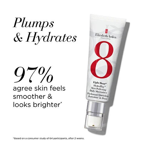 Image 1 - A tube of Elizabeth Arden Eight Hour HydraPlay Daily Moisturizer is shown, with text stating Plumps & Hydrates and 97% agree skin feels smoother & looks brighter* followed by a small note about the study basis.
Image 2 - Image shows a pink background with circular icons and text listing the benefits of HydraPlay™: hydrate, brighten, perfect and refine pores, prime, smooth, soothe, strengthen barrier, and oil control.
Image 3 - A lipstick tube with a creamy orange shade is shown alongside its cap, with visible text listing benefits: Hydrates, Soothes, Protects with SPF 15, Smooths.
Image 4 - Image features various icons illustrating the benefits of lip protectant, arranged in a grid on a pink background, with the title Lip Protectant Benefits at the top and benefits including All-Over Moisture, Shine Lips & Cheeks, Soothe Dry Hands, Heals Cuts/Scrapes, Tame Hair & Eyebrows, Treat Sun/Wind Burn, Relieve Chapping, and Smooths Cuticles displayed around the icons.