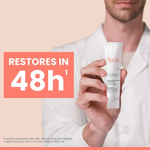 Image 1 - A person in a lab coat holds a tube of Cicalfate cream, with a pink background and text that says RESTORES IN 48h, and smaller text that reads Promotes restoration from 48h. Clinical Study, 248 subjects, 2 applications per day for 21 days, rating at 48 hours.
Image 2 - A canister of Avène thermal spring water is shown, labeled for sensitive skin, highlighting features like soothing, softening, and refreshing effects, with text indicating it is vegan and made from 100% natural origin ingredients.
Image 3 - A tube of Avene Cicalfate+ Restorative Protective Cream is shown, with an emphasis on 40 indications of use highlighted, and icons illustrating uses such as for nappy area, localized dryness, sunburn, scars appearance, very dry hands, and post-waxing.
Image 4 - A can of Avène Thermal Spring Water with icons indicating benefits such as all day hydration, make-up friendly, after sun use, cooling spray, soothing itching sensations, and use after hair removal.
Image 5 - A woman with curly hair holds a skincare product in one hand while standing in a white shirt, next to text that lists benefits: soothing, restoring, purifying, and nourishing.
Image 6 - A bottle of Avene Eau Thermale thermal spring water for sensitive skin is shown, with text indicating it is suitable for babies, intended for sensitive skin, and recommended for use post-procedure, along with a green eco-impact index rating.
