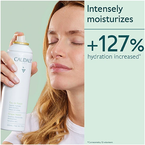 Image 1 - A woman with long, wavy hair is applying a spray to her face from a white spray bottle labeled Caudalie, accompanied by text that reads Intensely moisturizes +127% hydration increased*.
Image 2 - A bottle of Caudalies organic grape water, covered in droplets, is placed on a light green surface with green grapes nearby, and visible text includes 100% organic grape water, moisturising, soothing, antioxidant, and prebiotic.
Image 3 - A hand holding a spray can of Caudalie Grape Water with a light green background, featuring text that reads For sensitive skin -61% skin sensitivity decreased* -56% free radicals** Eau de Raisin Grape Water with small footnote symbols for clinical tests.