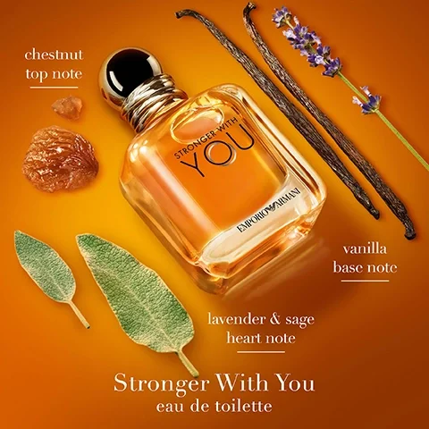Image 1 - Image of a clear glass perfume bottle labeled Stronger With You from Emporio Armani, surrounded by chestnut, lavender, sage leaves, and vanilla pods, with text indicating chestnut as the top note, lavender and sage as the heart note, and vanilla as the base note, and the phrase eau de toilette.