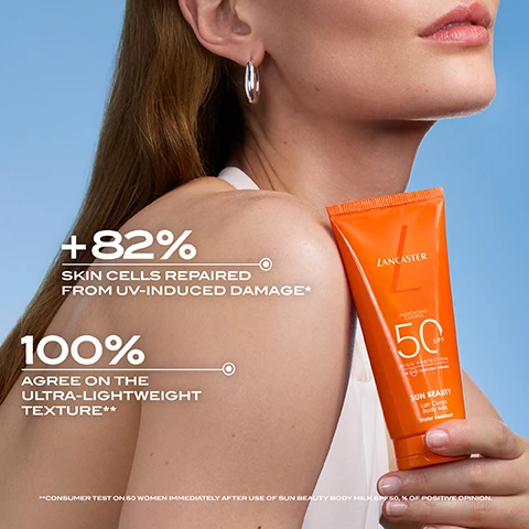 Image 2 - A woman with long hair is holding a tube of Lancaster sun protection product against her shoulder, with statistics visible that read +82% skin cells repaired from UV-induced damage* and 100% agree on the ultra-lightweight texture**, along with the product name Sun Beauty and SPF 50 label.
Image 3 - An orange travel-sized sun protection product is shown in a transparent pouch next to a larger bottle, both labeled with Lancaster branding, and text reads ON-THE-GO SUN PROTECTION, NOW IN TRAVEL SIZE! Below, the smaller tube displays 100ML, while the larger bottle shows 400ML.