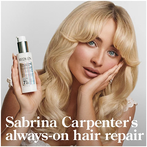 Image 1 - A woman with long, blonde hair holds a bottle of hair repair product near her face, with visible text that reads Sabrina Carpenters always-on hair repair.
Image 10 - Image features two bottles of Redkens acidic bonding concentrate shampoo and conditioner on a gradient background, with five stars above the bottles and the text BEST IVE EVER USED AND I’M A HAIRDRESSER along with a note stating RECEIVED THE PRODUCT TO TRY FROM MARIE CLAIRE BEAUTY DRAWER, AUG 2022.
Image 11 - An image showing a close-up of hair with a comb, featuring a diagram illustrating damaged and repaired bonds along with text that reads REINFORCE WEAK BONDS* and SAM VILLA 3G012.
Image 12 - An infographic showing a hand with three white circular amounts of product, accompanied by labels indicating usage guidelines for different hair types, stating: for fine hair - dime size, for medium hair - nickel size, for thick hair - quarter size, and including the brand name Redken, along with a usage recommendation at the bottom.
Image 2 - A bottle of Redken acidic bonding concentrate shampoo with bubbles around it, featuring the text SILKY FINISH & GLOSSY SHINE, 56% LESS BREAKAGE*, and 11X SMOOTHER** on a contrasting background.
Image 3 - The image shows the top of a bottle with a cream-colored product inside, along with text stating 56% less breakage*, 90% more conditioned*, and 11X smoother**.
Image 4 - Image of a bottle of Redken 24/7 Bond Repair Overnight Treatment on a split background; text includes 24/7 BOND REPAIR, UP TO 89% LESS BREAKAGE, UP TO 3X SOFTER, and additional product details.
Image 5 - A side-by-side comparison of two hairstyles showing a person with messy, wavy blonde hair on the left labeled BEFORE and the same persons straight, smooth blonde hair on the right labeled AFTER ONE USE, with the text SYSTEM OF ACIDIC BONDING CONCENTRATE INTENSIVE TREATMENT SHAMPOO, CONDITIONER & LEAVE-IN VS. UNDAMAGED HAIR visible at the bottom.
Image 6 - Image shows a woman with curly hair side-by-side, labeled BEFORE on the left and AFTER* on the right, with visible text at the bottom reading AFTER* ACIDIC BONDING CONCENTRATE SHAMPOO, CONDITIONER AND 24/7 SERUM.
Image 7 - A textured background features creamy white substances with visible gloss, accompanied by the text CITRIC ACID + BONDING CARE COMPLEX HELPS REPAIR BONDS + PREVENT FUTURE DAMAGE.
Image 8 - A person with curly hair is holding a bottle of product in one hand while dispensing a small amount into the palm of their other hand, with the text START WITH 2 PUMPS, ADD MORE AS NEEDED REAPPLY NIGHT AND DAY AS DESIRED visible in bold.
Image 9 - A person with long, wavy hair is shown in two panels; the left side depicts them applying a product to their hair, and the right side shows the styled result, with text at the bottom reading APPLY TO MID-LENGTHS & ENDS ON DAMP OR DRY HAIR.