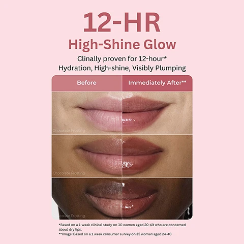 Image 1 - The image displays a before and immediately after comparison of high-shine lip gloss on three different skin tones, showing plumper and shinier lips, with the visible text 12-HR High-Shine Glow, Clinically proven for 12-hour* Hydration, High-shine, Visibly Plumping, Before, Immediately After**, Chocolate Frosting, *Based on a 1-week clinical study on 30 women aged 20-49 who are concerned about dry lips., and **Image: Based on a 1 week consumer survey on 35 women aged 24-40. Image 2 - A red-toned infographic presents three key ingredients with associated images: a clear liquid with bubbles in a dropper, vibrant red pomegranate seeds, and two yellow-green argan fruits on a branch, with the visible text Key Ingredients, POLYPEPTIDES: High-Efficacy Peptides for Lip Firmness, POMEGRANATE SEED OIL: Rich in Antioxidants, ARGAN CERAMIDES: Reinforce skins moisture barrier, nourish, and soften lips prone to dryness. Image 3 - The image displays six individual swatches of glossy liquid makeup shades on a light pink background, with the text 6 Donut-Inspired Shades and Flavors and Each shade features a unique scent at the top, and each swatch is labeled below as SUGAR GLAZE (a light brown), STRAWBERRY SPRINKLES (a bright pink), PEACH GLAZE (a peachy nude), CHOCOLATE FROSTING (a dark brown), CINNAMON SUGAR (a medium brown), and BLUEBERRY JELLY (a deep purple). Image 4 - The image features six Laneige Glaze Craze Tinted Lip Serum tubes, colored in shades from purple to dark red, stacked against a pinkish-red background, with the visible text IRRESISTIBLE GLAZED LIPS SERUM-INFUSED COLOR AND SHINE at the top, each tube labeled Laneige Glaze Craze Tinted Lip Serum Glacage Gourmand Sérum Teinté Pour Les Lèvres, Net Wt. 0.42 oz. / Poids net 12 g, and featuring the flavors Blueberry Jelly Gélée Myrtille, Strawberry Sprinkles Fraise Confiserie, Cinnamon Sugar Sucre Cannelle, Sugar Glaze Sucre Glacage, Peach Glaze Pêche Glacage, and Chocolate Frosting Glacage Chocolat, while the bottom of the image displays the text LANEIGE GLAZE CRAZE TINTED LIP SERUM.