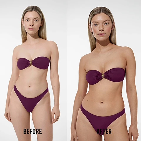 Image 1 - A model wearing a purple strapless bikini is shown in two side-by-side images labeled BEFORE on the left and AFTER on the right.
Image 2 - A woman with long hair is wearing a strapless deep purple bikini, and there are several text annotations around her stating: tints the skin instantly into a deep, golden tan, perfect for medium and dark skin tones, fades perfectly like a natural tan, and organic and natural ingredients.
Image 3 - An overhead view of a brown, bubbly substance with labeled ingredients including green tea, 100% natural DHA, hyaluronic acid, and vitamin C, accompanied by their respective benefits for the skin.
Image 4 - Three bottles of tinted self-tanning mousse labeled VITA LIBERATA, with the left bottle indicating Ultra Dark, the center bottle Dark Result, and the right bottle Medium Result, accompanied by the text REAL REVIEWS and a quote praising the products effectiveness for pale skin.