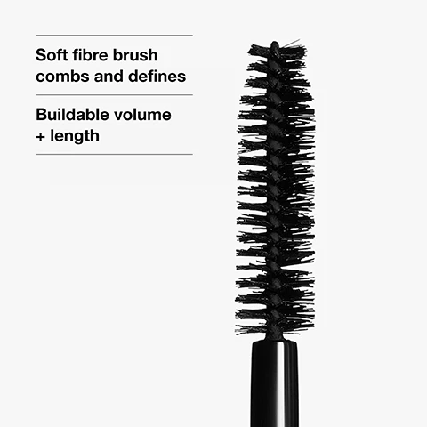 Image 1 - A black mascara brush with soft bristles is shown, accompanied by text that reads Soft fibre brush combs and defines and Buildable volume + length.
Image 2 - Image shows a close-up of an eye with clear blue irises in two sections; the top section labeled Before shows short, uncoated lashes, while the bottom section labeled After application displays longer, more defined lashes with mascara.
Image 3 - A close-up image of a persons eye and nose, featuring makeup application with a mascara wand, and text stating The Clinique Eye Safety Promise with additional details about ophthalmologist testing, suitability for sensitive eyes, and safety for contact lens wearers.