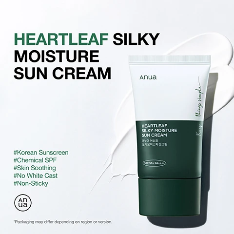 Image 1 - A white and dark green tube of Anua sunscreen with a streak of white cream is shown on a white background, displaying the text HEARTLEAF SILKY MOISTURE SUN CREAM, Anua, Keep things simple, HEARTLEAF SILKY MOISTURE SUN CREAM, 아누아 어성초, 실키 모이스쳐 선크림, SPF 50+ PA++++, #Korean Sunscreen, #Chemical SPF, #Skin Soothing, #No White Cast, #Non-Sticky, Anua from the circular logo, and a disclaimer Packaging may differ depending on region or version. Image 2 - A hand holds a white and dark green tube of Anua Heartleaf Silky Moisture Sun Cream, and the image displays text about the products benefits and details: Gentle SPF: Powerful Protection, 0.3% HEARTLEAF EXTRACT Soothes irritated skin and calms skin, 0.7% PANTHENOL Hydrates and soothes skin, SKIN-FRIENDLY FORMULA Tested low irritation, Anua, Keep things simple, HEARTLEAF SILKY MOISTURE SUN CREAM, 아누아 어성초, 실키 모이스처 선크림, SPF 50+ PA++++, *Packaging may differ depending on region or version. Image 3 - An image displays a split comparison of skin, with the left side showing skin with visible pores labeled Base Only, and the right side showing smoother skin labeled Sunscreen + Base, all under the text LONG-LASTING & MAKEUP-FRIENDLY Formulated for a seamless, natural-looking finish, Achieve a smudge-free makeup look or a bare-faced glow with Low white cast using smooth, non-sticky, lightweight Korean SPF. Image 4 - A persons hands hold a white and green Anua Heartleaf Silky Moisture Sun Cream tube, SPF 50+ PA++++, with text How To Use, Keep things simple, 1 Apply as the final step of your skincare routine, 2 Use a fingertip-sized amount, applying it evenly in 2–3 sections across the face, *Apply at least 15 minutes before sun exposure, *Packaging may differ depending on region or version, and Korean text 아누아 어성초 실키 모이스처 선크림. Image 5 - A detailed image on a dark green background displays a products ingredient list and a disclaimer, with the visible text: Ingredient List Aqua(Water), Dibutyl Adipate, Propanediol, Ethylhexyl Triazone, Terephthalylidene Dicamphor Sulfonic Acid, Polymethylsilsesquioxane, Niacinamide, Glycerin, Caprylyl Methicone, Tromethamine, 1,2-Hexanediol, Polyglyceryl-3 Distearate, Cetearyl Alcohol, Pentylene Glycol, Butylene Glycol, Polysilicone-15, Diethylamino Hydroxybenzoyl Hexyl Benzoate, Panthenol, Glyceryl Stearate, Potassium Cetyl Phosphate, Bis-Ethylhexyloxyphenol Methoxyphenyl Triazine, Methylpropanediol, Houttuynia Cordata Extract, Carbomer, Glyceryl Stearate Citrate, Acrylates/C10-30 Alkyl Acrylate Crosspolymer, Ethylhexylglycerin, Ammonium Acryloyldimethyltaurate/Vp Copolymer, Adenosine, Polyether-1, Vitis Vinifera (Grape) Fruit Extract, Diospyros Kaki Leaf Extract, Polygonum Cuspidatum Root Extract, Coffea Arabica (Coffee) Seed Extract, Carthamus Tinctorius (Safflower) Flower Extract, Castanea Crenata (Chestnut) Shell Extract, Zanthoxylum Piperitum Fruit Extract, Camellia Sinensis Leaf Extract, Biosaccharide Gum-1, Tocopherol, Anastatica Hierochuntica Extract. * As skin types vary, those with very sensitive skin should review the ingredient list before purchase to ensure compatibility.
