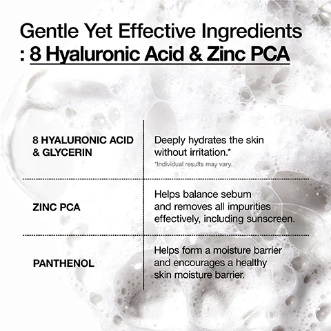 Image 1 - A textured background featuring bubbles and foam with text highlighting gentle yet effective ingredients: 8 Hyaluronic Acid & Zinc PCA, with descriptions noting their benefits for skin hydration, sebum balance, and moisture barrier enhancement.
Image 2 - An image shows a hand dispensing a creamy cleanser onto another hand against a blue background, with instructions on how to apply the product: 1 Apply an adequate amount of cleanser. 2 Create enough foam and gently massage your entire face. Can be used every day, AM & PM.
Image 3 - Image shows a close-up of a skincare bottle with a pump, displaying a small amount of cream coming out, and text that reads When To Apply and Use as the second step of your double cleansing routine after using a cleansing oil.
Image 4 - An image of a white tube labeled Anua on a textured light background, with highlighted benefits of the product including Hydrates the Skin, Balances Excess Sebum, and Gentle Yet Deep Cleansing, along with additional text about the product being a hydrating gentle foaming cleanser and a note that individual results may vary.
Image 5 - A tube of Anuas 8 Hyaluronic Acid Hydrating Gentle Foaming Cleanser is shown in water with bubbles, featuring prominent text that reads 8 HYALURONIC ACID HYDRATING GENTLE FOAMING CLEANSER and hashtags #Hydrate_skin, #Balance_sebum improvemen, #Healthy_skin moisture barrier, #Non-stripping, along with product details on the tube.