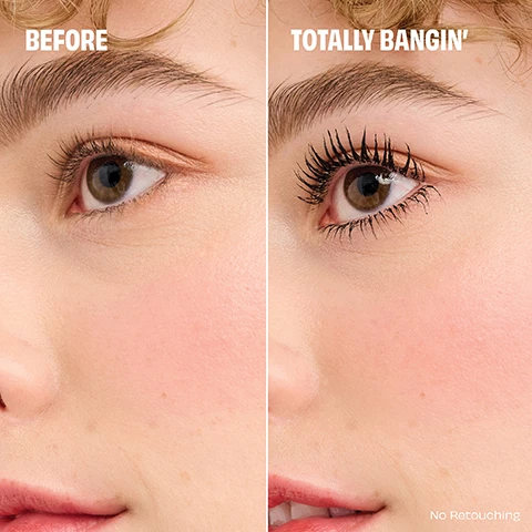 Image 1 - A close-up of a persons face showing two sides: the left labeled BEFORE with natural lashes and the right labeled TOTALLY BANGIN with enhanced, voluminous lashes; the text No Retouching is also visible in the bottom right corner.
Image 2 - A close-up image of a dark streak of mascara on a black background with the text Badgal Bang! Mascara, 36-hour FULL-BLAST volume, Layers easily for BIGGER impact, Water-resistant, smudge-proof & flake-free, and an asterisk indicating an instrumental test on 25 participants.
Image 3 - An image showing two sizes of Benefit Cosmetics BAD gal BANG! mascara tubes, one labeled FULL and the other labeled MINI, both with distinctive black packaging and mascara brushes.