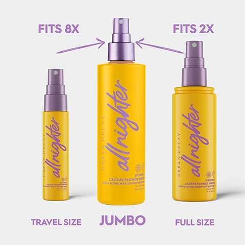 Image 1 - A visual shows three yellow bottles of Urban Decay All Nighter Cactus Flower Water Long Lasting Makeup Setting Spray Vitamin C All Day in different sizes labeled below as TRAVEL SIZE, JUMBO, and FULL SIZE, with text FITS 8X pointing from the travel size to the jumbo size and FITS 2X pointing from the full size to the jumbo size. Image 2 - A bright yellow spray bottle with a purple cap spraying a mist is shown on a purple background with text reading UP TO 16HR STAYING POWER* WITH VITAMIN C, TO BRIGHTEN APPEARANCE OF SKIN and text on the bottle reading lighter Urban Decay *CONSUMER TEST WITH 50 PARTICIPANTS. Image 3 - A woman sprays a mist from a yellow bottle onto her face with the text MICRO-FINE MIST FOR AN EVEN APPLICATION. Image 4 - Image shows three yellow bottles of Urban Decay All Nighter Vitamin C Cactus Flower Water Long-Lasting Makeup Setting Spray in different sizes labeled TRAVEL SIZE 30ML, FULL SIZE 118ML, and JUMBO SIZE 240ML.