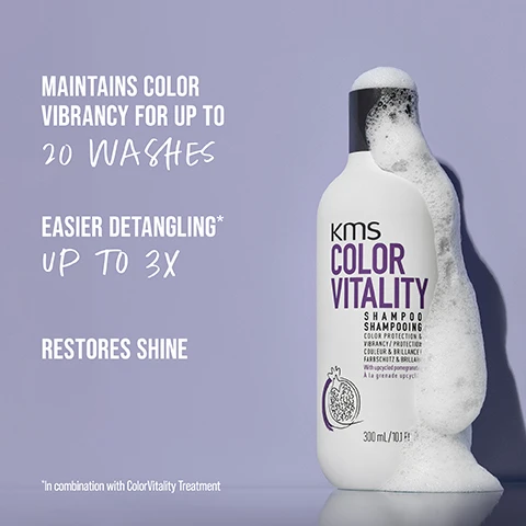 Image 1 - A bottle of KMS Color Vitality shampoo with a purple background, displaying foamy shampoo, and text that states maintains color vibrancy for up to 20 washes, easier detangling up to 3x, and restores shine.
Image 2 - A hand holding a bottle of KMS Color Vitality conditioner with text stating kept color vibrancy for up to 20 washes, easier detangling up to 4x, and increases shine.
Image 3 - A bottle of KMS Therma Shape Quick Blow Dry product sits on a textured towel, with promotional text indicating that it speeds up drying time by up to 50%, reduces friction when blow-drying, and provides light conditioning.
Image 4 - A split image shows a pomegranate cut in half displaying its ruby-red seeds alongside a close-up of whole pomegranate seeds, with text that reads POMEGRANATE and UPCYCLED NATURAL INGREDIENT.
Image 5 - A close-up image of a creamy white substance on a light purple background, with text that reads HIGHLY-EFFECTIVE OUR FORMULAS WITH UPCYCLED POMEGRANATE, KNOWN TO BE RICH IN ANTIOXIDANTS, HELP TO FIGHT FREE RADICALS RESPONSIBLE FOR COLOR FADING.
Image 6 - A creamy white substance is pouring and forming ripples on a soft lavender background, with visible text stating HIGHLY-EFFECTIVE OUR FORMULAS WITH UPCYCLED POMEGRANATE, KNOWN TO BE RICH IN ANTIOXIDANTS, HELP TO FIGHT FREE RADICALS RESPONSIBLE FOR COLOR FADING.
Image 7 - A side-by-side comparison of a woman before and after a transformation, with the left side showing her wearing a white t-shirt and the right side featuring her in a colorful outfit, with the words BEFORE and AFTER displayed below each image.
Image 8 - A woman with long, wavy hair poses against a purple background, smiling over her shoulder, with the text WEAR YOUR HAIR THE WAY YOU WANT in bold white and cursive fonts.