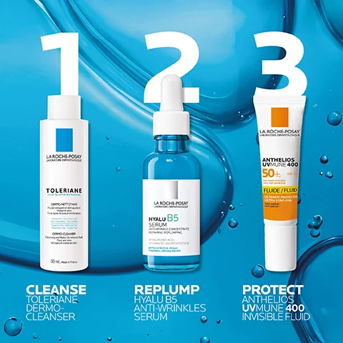 Image shows three skincare products by La Roche-Posay arranged on an orange background, labeled as 1. Toleriane Dermo-Cleanser, 2. Pure Vitamin C12 Serum, and 3. Anthelios Uvmune 400 Invisible Fluid, with the corresponding descriptions below each product.