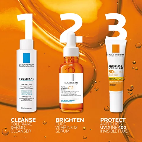 Image shows three skincare products by La Roche-Posay arranged on an orange background, labeled as 1. Toleriane Dermo-Cleanser, 2. Pure Vitamin C12 Serum, and 3. Anthelios Uvmune 400 Invisible Fluid, with the corresponding descriptions below each product.