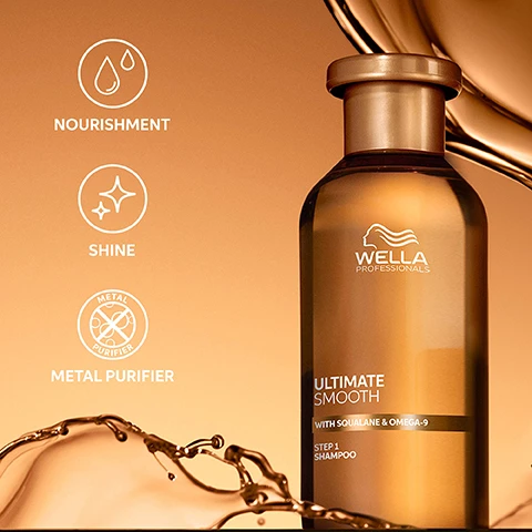 Image 1 - A bottle of Wella Professionals Ultimate Smooth shampoo is depicted against a soft orange background, with icons for nourishment, shine, and metal purifier alongside the text with squalane & omega-9 and step 1 shampoo.
Image 2 - A gold tube of Wella Professionals Ultimate Smooth conditioner with visible text ULTIMATE SMOOTH and with Squalane & Omega-9 alongside icons representing smoothness, shine, nourishment, and manageability, all set against a warm background with flowing liquid.
Image 3 - An abstract image depicting layers of a surface with highlighted sections, accompanied by text stating PATENTED TECHNOLOGY WITH SQUALANE & OMEGA 9 OUTSIDE Creates a protective barrier INSIDE It deeply nourishes the hair.
Image 4 - Image shows a set of hair care products from Wella Professionals titled Ultimate Smooth with a focus on fighting frizzy, dry, and dull hair, including a shampoo bottle, conditioner tube, hair mask, and treatment serum, with visible steps labeled as 01 CLEAN, 02 CONDITION, and 03 TREAT.
Image 5 - Image shows a collection of hair care products from Wella Professionals, including bottles and a tub, on a warm, brown background, with visible text stating UP TO 85% SMOOTHER HAIR, 96 HOURS FRIZZ CONTROL, SILKY SHINE, ULTIMATE SMOOTH with Squalane & Omega-9, STEP 1 Shampoo, STEP 2 Conditioner, STEP 2 Intense Mask, STEP 3 Miracle Oil Serum.