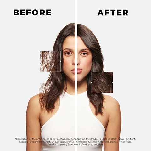 Image 1 - A split image shows a woman with frizzy, dull brown hair and an inset close-up on the left, transforming into smooth, shiny brown hair with an inset close-up on the right, BEFORE AFTER *Illustration of the anticipated results obtained after applying the products Genesis Bain Hydra-Fortifiant, Genesis Fondant Renforçateur, Genesis Défense Thermique, Genesis Anti-Fall Serum after one use. Results may vary from one individual to another. Image 2 - A white background image features two clear, transparent circular drops, one large above a smaller one, with the text HIGHLY ABSORBING SERUM-LIKE FORMULA and GENESIS ANTI-HAIR FALL SERUM. Image 3 - Three droppers are shown dispensing different colored liquids into three test tubes: the leftmost test tube contains clear liquid with yellow spheres labeled Ginger Root Extract and Caffeine, the middle test tube has a red liquid swirling and mixing in, and the rightmost test tube contains clear liquid with red spheres labeled Aminexil. Image 4 - The image displays two Kérastase Genesis Anti Hair-Fall Fortifying Serum bottles, a larger 90ml normal size bottle on the left and a smaller 30ml travel size bottle on the right, both containing pink liquid with a red gradient, and labeled ALL OUR FORMATS, NORMAL SIZE 90ML, TRAVEL SIZE 30ML, KÉRASTASE PARIS, K GENESIS, SÉRUM ANTI-CHUTE FORTIFIANT, ANTI HAIR-FALL FORTIFYING SERUM, AMINEXIL, EDELWEISS NATIVE CELLS, GINGER ROOT + CAFEINE, RECHERCHE AVANCÉE, BODY CAPELLUS, with the 90ml bottle also showing 3.04 FL.OZ. and the 30ml bottle 1.01 FL.OZ. Image 5 - Two Kérastase Genesis Anti-Hair-Fall Fortifying Serum bottles, one large 90ml and one small 30ml, with dropper caps, stand on a white ledge in front of a blurred pink and blue sky viewed through a train window, with a white circular icon in the top left corner, and the visible text includes TRAVEL FRIENDLY, KÉRASTASE PARIS K GENESIS SÉRUM ANTI-CHUTE FORTIFIANT ANTI-HAIR-FALL FORTIFYING SERUM AMINEXIL GINGER ROOT & EDELWEISS NATIVE CELLS RECHERCHE AVANCÉE 90 ML 3.04 FL.OZ on the large bottle, and KÉRASTASE PARIS K GENESIS SÉRUM ANTI-CHUTE FORTIFIANT AMINEXIL GINGER ROOT & EDELWEISS NATIVE CELLS 30 ML 1 FL.OZ on the small bottle. Image 6 - A man with dark curly hair and a beard, wearing a white shirt and grey suit jacket, smiles at the camera, alongside text that reads Genesis Anti-Hair Fall Serum, The Professional Inside, Hovig Etoyan Global Professional Ambassador, Its so common for my clients to experience hair fall or thinning hair. Genesis Anti-Hair Fall Serum is our secret weapon. It will tackle it by strengthening the follicle anchorage and the hair fiber. For better results, I recommend to use it with the all Genesis Range. Image 7 - A man with a beard and lab coat looks at the camera, next to text that reads: GENESIS ANTI-HAIR FALL SERUM THE SCIENCE INSIDE EDINE AHBICH Kérastase Scientific Director This serum is powered with 1.5% Aminexil, a molecule created in our labs, that reduces hair-fall. Aminexil softens the collagen shaft that surrounds the bulb enhancing the intake on nutriments to boost fiber anchorage on the scalp : hair-fall is reduced, and the scalps protective barrier is reinforced.