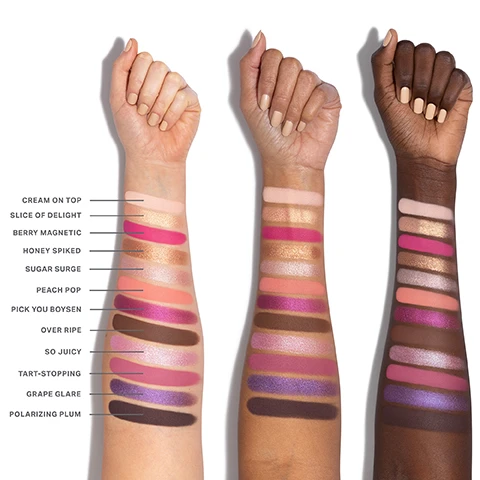 Image 1 - Three arms with swatched makeup colors in a gradient display, showcasing shades labeled from left to right as Cream On Top, Slice of Delight, Berry Magnetic, Honey Spiked, Sugar Surge, Peach Pop, Pick You Boysen, Over Ripe, So Juicy, Tart-Stopping, Grape Glare, and Polarizing Plum.
Image 2 - A grid of twelve colorful eye shadow shades arranged in two rows, with numbers and names under each shade: 01 Cream on Top, 02 Slice of Delight, 03 Berry Magnetic, 04 Honey Spiked, 05 Sugar Surge, 06 Peach Pop, 07 Pick Your Boysen, 08 Over Ripe, 09 So Juicy, 10 Tart-Stopping, 11 Grape Glare, 12 Polarizing Plum.
Image 3 - Close-up of an eye with shimmery pink and purple eyeshadow, featuring long eyelashes and a natural eyebrow, with three shades of eyeshadow swatches labeled 09, 10, and 11 at the bottom.
Image 4 - A close-up of an eye with purple and pink eyeshadow, featuring a light shimmer on the eyelid and a brow with defined hairs, alongside a palette of eyeshadow colors labeled 05, 06, 10, and 11 at the bottom.
Image 5 - An image displaying various makeup powders in shades of brown and pink, with text highlighting features such as pigment-packed performance, all-day creaseproof wear, and luxurious blendability and buildability.
Image 6 - Image of three eyeshadow palettes from Morphe, showcasing a vibrant design with shades of green and gold on their covers, along with visible text: INFINITE BUT COMPACT CURATIONS, NEXT-GEN FORMATS, ENDLESS EXPRESSION, READY WHEN YOU ARE.
Image 7 - A textured background showcases three categories of makeup finishes: seamless mattes with a light pink surface, luminous shimmers with a sparkling pink finish, and high-shine metallics with a glittery appearance, accompanied by descriptive text for each category.