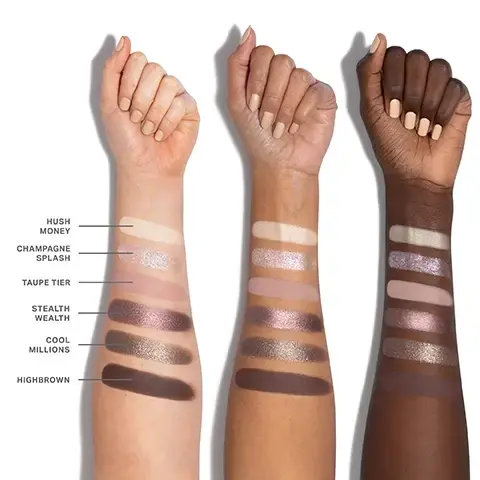 Image 1 - Three arms with various skin tones are shown swatching eight different eyeshadow shades, labeled from left to right as Hush Money, Champagne Splash, Taupe Tier, Stealth Wealth, Cool Millions, and Highbrown.
Image 2 - A flat lay of six different shades of eyeshadow arranged in two rows, labeled from 01 to 06 with names including Hush Money, Champagne Splash, Taupe Tier, Stealth Wealth, Cool Millions, and Highbrown.
Image 3 - Close-up of a womans eye with soft, blended eyeshadow in neutral tones and visible eyebrow, featuring swatches of eyeshadow colors labeled 02, 03, 05, and 06 at the bottom.
Image 4 - Close-up of an eye showcasing a shimmering eyeshadow look with brown tones, and a color palette displaying shades 01, 02, 03, and 06 at the bottom.
Image 5 - An image shows various shades of makeup powder, with promotional text on the left highlighting the benefits of the Chromaplus Blend, including pigment-packed performance, all-day creaseproof wear, and luxurious blendability and buildability.
Image 6 - An image featuring three compact makeup palettes with vibrant designs, showing a range of eyeshadow colors, accompanied by promotional text that reads INFINITE BUT COMPACT CURATIONS, NEXT-GEN FORMATS, ENDLESS EXPRESSION, and READY WHEN YOU ARE.
Image 7 - Image shows three sections of makeup products with textures: the first section labeled SEAMLESS MATTES features a light brown matte texture, the second labeled HIGH-SHINE METALLICS displays a shimmering dark pinkish texture, and the third labeled ULTRAREFLECTIVE MOLTEN METALS has a luminous goldish texture, with visible text describing the qualities of each finish. Image 8 - A swatch of pink metallic eyeshadow and an open palette with six eyeshadow pans, one showing a split view of the metallic shade applied dry and wet, with the Morphe logo, and the text MEET MOLTEN METAL EYESHADOW Exclusive formula-flexing shadow in ChromaPlus 6-Pan Eyeshadow Palettes Apply dry for luminous effects Apply wet for molten-like shine Just spray your brush tip with Continuous Setting Mist before picking up and gliding along lash lines or creases MORPHE M.