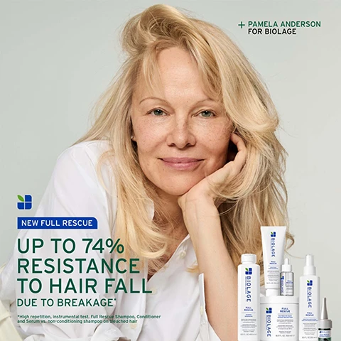 Image 2 - A smiling Pamela Anderson with blonde hair, resting her chin on her hand, is shown with a collection of Biolage Full Rescue hair products, accompanied by the text + Pamela Anderson for Biolage, New Full Rescue, Up to 74% Resistance to Hair Fall Due to Breakage, *High repetition, instrumental test. Full Rescue Shampoo, Conditioner and Serum vs. non-conditioning shampoo on bleached hair. Image 3 - Side profile of a person with dark, wet hair with some white product visible on the strands, accompanied by the text CLINICALLY PROVEN TO HELP REDUCE THE RATE OF HAIR LOSS BY STRENGTHENING EXISITNG HAIR. Image 4 - A close-up image of fresh green rosemary sprigs covered in water droplets, with a large clear liquid or glass surface reflecting the rosemary, all against a smooth teal background. The text reads: FORMULATED WITH ROSEMARY OIL To help fortify hair at the root, and prevent hair fall* due to mechanical stress. *due to breakage. Image 5 - The image displays product information on a dark green background with white text and a white leaf-like icon, stating IS IT FOR ME? FULL RESCUE, BEST FOR Hair fall*, HAIR TYPE Thin, KEY BENEFITS Strengthens existing hair and provides optimal environment for hair to grow, *Due to breakage. Image 6 - The image displays a four-step Biolage Full Rescue hair care system featuring a white shampoo bottle, a white conditioner tube, a small clear treatment vial, and a white spray bottle, arranged from left to right on a green background, with visible text including: 01 Cleanse, Biolage Professional Hair Spa Full Rescue Shampoo Fortifying Concentrate with rosemary oil + niacinamide 6 micrograms per 100 ml Concentré Fortifiant à lhuile de romarin + niacinamide 6 microgrammes par 100 ml Breaking, falling hair Tendance à tomber 13.5 FL. OZ. 400 ml e; 02 Condition, Biolage Professional Hair Spa Full Rescue Conditioner Après-Shampooing Fortifying Concentrate with rosemary oil + niacinamide 12 micrograms per 100 ml Concentré Fortifiant à lhuile de romarin + niacinamide 12 microgrammes par 100 ml Breaking, falling hair Tendance à tomber 8.0 FL. OZ. 236 ml e; 03 Treat, Biolage Full Rescue Aminexil Treatment Traitement Aminexil; and 04 Prep, Biolage Professional Hair Spa Full Rescue Densifying Leave-In Spray Spray sans rinçage densifiant Fortifying Concentrate rosemary oil + niacinamide 25 micrograms per 100 ml Concentré Fortifiant à lhuile de romarin + niacinamide 25 microgrammes par 100 ml Breaking, falling hair Tendance à tomber 8.5 FL. OZ. 250 ml e. Image 7 - A textured, translucent green background with a grid-like pattern and various clear bubbles, some large and some small, ascending, with the text FORMULATED WITH NIACINAMIDE To help balance the scalp with hydration and protects against aggressors that can dry the scalp.