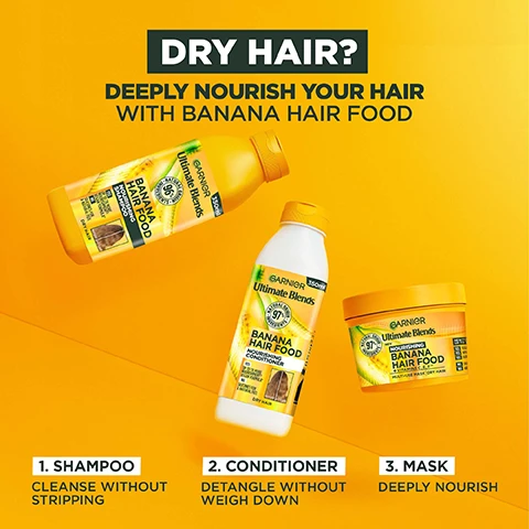 Image 1 - Image showing Garnier Ultimate Blends Banana Hair Food shampoo, conditioner, and mask with the text DRY HAIR? DEEPLY NOURISH YOUR HAIR WITH BANANA HAIR FOOD 1. SHAMPOO CLEANSE WITHOUT STRIPPING 2. CONDITIONER DETANGLE WITHOUT WEIGH DOWN 3. MASK DEEPLY NOURISH. Image 2 - Before and after images show improved texture on curly, wavy, and straight hair with text that reads BEFORE AFTER BEFORE AFTER BEFORE AFTER UP TO 7X SMOOTHER** FOR DRY HAIR *Results achieved with full Hair food routine and styling. Individual results may vary. **Instrumental test after application of the mask as a rinse off. Image 3 - A bottle of Garnier Banana Hair Food Shampoo is shown with text that reads NOURISHING BANANA HAIR FOOD SHAMPOO FOR DRY HAIR UP TO 7X SMOOTHER* 96% NATURAL ORIGIN INGREDIENTS. Image 4 - A white bottle with an orange cap dispensing white cream onto a yellow surface showing the label text FRUCTIS GARNIER 350R NATURAL and the text NO SILICONE FOR A NATURAL FEEL. Image 5 - A jar of Garnier Ultimate Blends Banana Hair Food multi-use mask for dry hair is shown with text that reads Nourishing Banana Hair Food, Multi-Use Mask For Dry Hair, Up To 7X Smoother, Reformulated With Vitamins C, E & F, 97% Natural Origin Ingredients, and text on the jar label Garnier Ultimate Blends Nourishing Banana Hair Food + Vitamins C,E,F Multi-Use Mask Dry Hair New Look Yes Yes Yes Yes Yes Yes. Image 6 - A bunch of bananas on an orange background with the text HAIR FOOD FACT-BASED HAIRCARE Nourishing Formula Facts Plant-based cleansing active Natural origin caring agent Plant-based oil Cleanses without stripping Deeply nourishes hair fiber Gives intense shine.