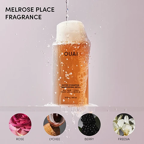 Image 5 - An orange Ouai Detox Shampoo bottle with water splashing around it is featured above four circular images of a rose, lychee, berries, and freesia, accompanied by text that reads Melrose Place Fragrance, OUAI, DETOX SHAMPOO, SHAMPOOING DÉTOX, ALL HAIR TYPES, TOUS LES CHEVEUX, 10 fl oz / 300 ml, ROSE, LYCHEE, BERRY, FREESIA. Image 6 - A person with dark, curly hair covered in white foam and sparkling suds looks directly at the viewer while holding a brown OUAI Detox Shampoo bottle that reads OUAI DETOX SHAMPOO SHAMPOOING DÉTOX ALL HAIR TYPES TOUS LES CHEVEUX 10 fl oz / 300 ml, and three white rounded text boxes on the left state CLARIFYING & COLOR-SAFE, MADE WITH APPLE CIDER VINEGAR, REMOVES PRODUCT BUILDUP. Image 7 - A hand holds a clear bottle filled with golden-amber shampoo that is pouring out, with liquid cascading over the bottle and into the hand, and visible text includes DETOX SHAMPOO, OUAI, DETOX SHAMPOO SHAMPOOING DÉTOX, ALL HAIR TYPES TOUS LES CHEVEUX, 10 fl oz / 300 ml, APPLE CIDER VINEGAR HELPS EXFOLIATE TO REMOVE FLAKES, RESIDUE & BUILDUP, CHELATING AGENTS HELPS REMOVE HARD WATER DEPOSITS AND IMPURITIES, and HYDROLYZED KERATIN HELPS SOFTEN AND SMOOTH FRIZZ AND ADDS SHINE. Image 8 - A woman with wet hair and scrub on her shoulder holds a jar of product, with text overlays reading SCALP & BODY SCRUB MELROSE PLACE, PANTHENOL & GLYCERIN: Help to improve skin moisture, COCONUT OIL: Help to nourish the scalp and body, SUGAR CRYSTALS: Help to gently exfoliate the scalp and body while increasing microcirculation, and on the jar OUAI SCALP & BODY SCRUB GOMMAGE CORPS ET CUIR CHEVELU MELROSE PLACE NET WT / NET POIDS 8.8 oz / 250 g. Image 9 - A person with dark skin holds a translucent pink bottle of body cleanser, with their hands covered in white soap suds, against a light grey background, displaying the text BODY CLEANSER MELROSE PLACE, and descriptive points: GENTLE CLEANSING SYSTEM Visibly removes the dirt without stripping, ROSEHIP OIL & VITAMINS A AND C Help moisturize and brighten the skin, JOJOBA OIL Provides residue-free hydration, along with bottle text OUAI BODY CLEANSER NETTOYANT POUR LE CORPS MELROSE PLACE 10 fl oz / 300 ml.