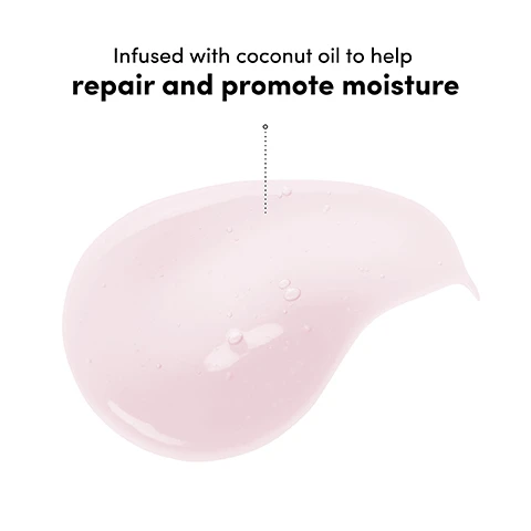 Image 3 - A pale pink, translucent liquid glob with small bubbles is shown on a white background, with a dotted line pointing from the text Infused with coconut oil to help repair and promote moisture down to the glob. Image 4 - A light pink swipe of product on a white background, with text above it reading Infused with Acquaseal Coconut to coat hair and protect against external aggressors. Image 5 - A pink and white Coco & Eve Sweet Repair shampoo bottle with a pink cap, covered in water droplets with a stream of water pouring over the cap, stands on a wet pink surface against a soft pink background, with text on the bottle reading COCO & EVE SWEET REPAIR REPAIRING & RESTORING SHAMPOO SHAMPOOING RÉPARATEUR ET RECONSTITUANT BIOMIMETIC CERAMIDES + VITAMIN B5 FOR DAMAGED HAIR Net 288 mL / e 9.47 fl. oz. US and additional product benefits listed on the right side as Repairs and restores Helps reduce breakage and split ends Promotes softness and smoothness for healthier looking hair. Image 6 - Two pink bottles of Coco & Eve Sweet Repair shampoo and conditioner are displayed with a pink hibiscus flower, a piece of coconut, and spilled product on a purple to pink gradient background, with the text Botanicals blended with vitamin B5, ceramides, vegan keratin and hyaluronic acid for softness and strength. The left bottle reads: COCO & EVE SWEET REPAIR REPAIRING & RESTORING SHAMPOO SHAMPOOING RÉPARATEUR ET RECONSTITUANT BIOMIMETIC CERAMIDES + VITAMIN B5 FOR DAMAGED HAIR Net 288 mL / e 9.47 fl. oz. US. The right bottle reads: COCO & EVE SWEET REPAIR REPAIRING & RESTORING CONDITIONER APRÈS-SHAMPOOING RÉPARATEUR ET RECONSTITUANT CERAMIDES + VITAMIN B5 FOR DAMAGED HAIR Net 288 mL / e 9.47 fl. oz. US. Image 7 - A smiling blonde woman in a pink bikini holds a coconut, with a blue sky and trees in the background; the text reads: Transformative, restoring conditioner for hair damaged by: heat styling, excessive brushing and other external aggressors. Image 8 - A before and after image showing a womans blonde hair from the back, with the left side labeled Before displaying dull, frizzy hair and the right side labeled After showing smooth, shiny, and healthier-looking hair, with additional text *Using Sweet Repair Shampoo, Conditioner and Mask as part of a regimen and UNRETOUCHED.