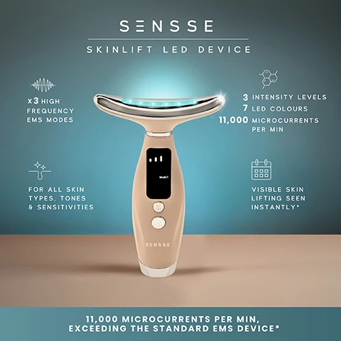 Image 1 - A beige SENSSE Skinlift LED device with blue light is shown surrounded by text reading SENSSE SKINLIFT LED DEVICE x 3 HIGH FREQUENCY EMS MODES FOR ALL SKIN TYPES, TONES & SENSITIVITIES 3 INTENSITY LEVELS 7 LED COLOURS 11,000 MICROCURRENTS PER MIN VISIBLE SKIN LIFTING SEEN INSTANTLY* 11,000 MICROCURRENTS PER MIN, EXCEEDING THE STANDARD EMS DEVICE*. Image 2 - A woman holds a beauty device next to text that reads 7 LED COLOURS CLEARS. CALMS. RESTORES. IT DOES IT ALL MODE 1 Anti-aging + reduces fine lines + wrinkles MODE 2 Heals sun damaged skin + calms skin MODE 3 Balances complexion + hyperpigmentation MODE 4 Brightens skin + helps lymphatic drainage MODE 5 Reduces inflammation + calms skin MODE 6 Clears skin + reduces breakouts MODE 7 Improves skin hydration + firmness. Image 3 - A close-up of a skincare device with glowing red lights and a screen showing Mode 1, with text overlays that read 45°C THERMAL TECH THAT WORKS PRECISION THERMAL TECHNOLOGY Gentle 45°C heat intensifying your skincare products absorption. Image 4 - A woman demonstrates using a skincare device with red light on her neck, purple light on her cheekbone, and blue light on her jawline, alongside text that reads TIGHTEN YOUR NECK Pair with RED LED to smooth fine lines + support collagen. SCULPT YOUR CHEEKBONES Pair with PURPLE LED to boost firmness + hydration. DEFINE YOUR JAWLINE Use BLUE LED to target blemishes + hormonal breakouts. BE THE ARCHITECT OF YOUR FACE Tighten, tone & lift skin. Designed for every skin type, tone & sensitivity. Image 5 - A woman uses a beauty device on her face, with visible text that reads SENSSE CALMS SPOTS, REDNESS & BLEMISHES STIMULATES COLLAGEN, REDUCES WRINKLES IMPROVES TEXTURE, DRYNESS, & IRRITATION.