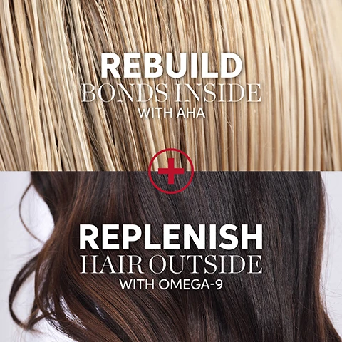 Image 1 - The image shows a top section of blonde hair with text Rebuild Bonds Inside with AHA, separated by a red plus symbol from a bottom section of dark brown hair with text Replenish Hair Outside with Omega-9. Image 2 - A red Wella Professionals bottle pours a white creamy substance onto a white surface, with four circular icons below labeled REPAIR, STRENGTH, SMOOTHNESS, and SHINE. Image 3 - A hand with red nails squeezes a red tube of hair conditioner, dispensing white cream into an open palm, beside a vertical list of four icons and corresponding text: WELLA PROFESSIONALS ULTIMATE REPAIR CONDITIONER / REVITALISANT with AHA & Omega-9 STEP 2 strengthens & all hair types renforce et tous types de cheveux 200 mL (6.7 FL OZ) REPAIR STRENGTH SMOOTHNESS SHINE. Image 4 - A hand with red nail polish holds a red spray bottle of Wella hair product against a light gray background, with the bold black text on the left reading REPAIRS DAMAGE 90 IN SECONDS INSIDE & OUT, and the bottle itself displaying WELLA™ PROFESSIONALS ULTIMATE REPAIR MIRACLE HAIR RESCUE TRAITEMENT CAPILLAIRE MIRACULEUX with AHA & Omega 9 STEP 3 instant, long-lasting repair and protection inside and out réparation instantanée et longue durée une protection à lintérieur comme à lextérieur 95 mL (3.2 FL OZ). Image 5 - A before and after comparison image shows a womans long brown hair, with the left side labeled BEFORE with non conditioning shampoo, displaying somewhat dry and straighter hair, and the right side labeled AFTER with ULTIMATE REPAIR steps 1, 2 & 3 and blow-dry, showing more defined, wavy, and healthier-looking hair, with a red bottle of WELLA PROFESSIONALS ULTIMATE REPAIR MIRACLE HAIR RESCUE with AHA & Omega-9 instant, long-lasting repair and protection inside and out at the bottom.