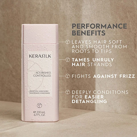 Image 1 - A pink bottle of KERASILK Smoothing Conditioner with water droplets on its surface is displayed against a neutral background, featuring text that highlights performance benefits: leaves hair soft and smooth from roots to tips, tames unruly hair strands, fights against frizz, and deeply conditions for easier detangling.
Image 2 - Image of various shea nuts and pieces of shea bark arranged on a light surface, with a small clear orb reflecting the texture of a nut, and text reading SHEA OIL and a description about its benefits.
Image 3 - A comparison image showing a persons hair with a frizzy, curly texture on the left labeled BEFORE and smoother, wavy hair on the right labeled AFTER.
Image 4 - Image showing a womans hair, split in half with BEFORE on the left side displaying unstyled, wavy hair and AFTER on the right side showing straightened, sleek hair.
Image 5 - A hand is holding a white tube of hair product labeled Kérastase Nourished Controlled while another hand is receiving a small amount of the product in a palm; the background is a soft pink color.
Image 6 - A close-up of a pink shampoo bottle featuring a white label that reads KERASILK, NOURISHED. CONTROLLED., SMOOTHING SHAMPOO, and BÄNDIGENDES SHAMPOO, with bubbles on the bottles surface.
Image 7 - Three bottles of KERASILK hair conditioner are displayed against a pink background, with labels indicating NOURISHED. CONTROLLED. and SMOOTHING CONDITIONER along with text highlighting a vegan formula, PETA approval, and natural ingredients.
Image 8 - A light pink graphic features various icons and text indicating that the product is climate neutral, CO2 compensated, vegan, and free from silicones, sulfates, dyes, microplastics, and mineral oils.