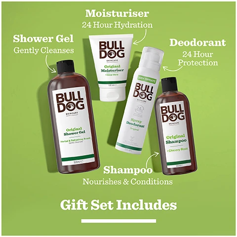 Image 1 - Image shows Bulldog Skincare shower gel, moisturiser, spray deodorant, and shampoo with text Shower Gel Gently Cleanses, Moisturiser 24 Hour Hydration, Deodorant 24 Hour Protection, Shampoo Nourishes & Conditions, Gift Set Includes. Image 2 - A hand squeezing a Bulldog Skincare Original Moisturiser tube onto another hand showing the text BULLDOG SKINCARE Original Moisturiser and Normal To Dry Skin. Image 3 - A hand pours Bull Dog Original Shower Gel into a palm, showing the bottle label text BULL DOG SKINCARE Original Shower Gel Herbal & Refreshing Scent Gentle Cleansing and overlaid text Herbal & Refreshing. Image 4 - A Bulldog Skincare Original Morning Routine gift set containing Original Shower Gel, Original Shampoo, Original Moisturiser, and Spray Deodorant Original, shown with certifications for With Natural Origin Ingredients, Vegetarian Society Vegan Approved, and Cruelty-Free International. Image 5 - Green gift box with Bulldog Skincare shower gel, shampoo, moisturiser, and spray deodorant along with a green ribbon on a green background with the text BULLDOG SKINCARE Original Morning Routine Start Your Day Right and #ProtestPointlessGifts.