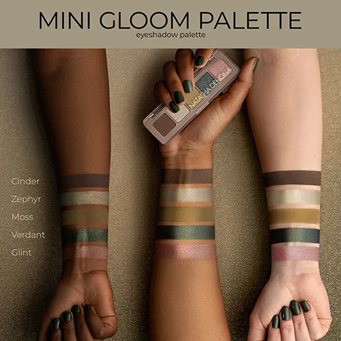 Three arms with varying skin tones display swatches of five eyeshadow colors from the Natasha Denona Mini Gloom Palette, which includes shades Cinder, Zephyr, Moss, Verdant, and Glint.