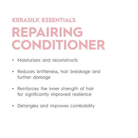 Image 3 - Text on a white background reads KERASILK ESSENTIALS REPAIRING CONDITIONER bullet points Moisturizes and reconstructs Reduces brittleness hair breakage and further damage Reinforces the inner strength of hair for significantly improved resilience Detangles and improves combability. Image 4 - Text on a white background reading KERASILK SPECIALISTS REPAIRING SPRAY, followed by bullet points: Immediate regeneration and repair for a healthy, soft hair feel, Hair fiber is up to 12x more resilient to external stressors*, Up to 95% less hair breakage and split ends*, Weightless conditioning, instant detangling, perfect combability, Heat protection, and a footnote: * instrumental test - comparison vs. no product. Image 5 - A before and after photo of dark curly hair, with the left side labeled BEFORE showing less defined curls and the right side labeled AFTER showing more defined and shiny curls, with text BEFORE and AFTER. Image 6 - A split image shows blonde hair before and after a treatment, with the text BEFORE above the left side and AFTER above the right side. Image 7 - A pink background with text and icons describing the product as climate conscious, climate neutral, vegan formula, and free from certain ingredients, including text CLIMATE CONSCIOUS INSIDE OUT, a climate neutral certification logo, CLIMATE NEUTRAL PRODUCT Product is CO2 compensated¹, a vegan formula icon, VEGAN FORMULA No animal-derived ingredients, a lab flask icon, FREE FROM silicones, sulfates, dyes, microplastics, mineral oils, and small text 1- product is CO2 compensated; Climate neutral - Often also called ‘carbon neutral’, describing the reduction and compensation of carbon emissions to Zero, but scientifically ‘climate neutral’ refers to all greenhouse gases, not only carbon dioxide.