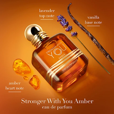 Image 2 - A gold-capped perfume bottle, amber pieces, a lavender sprig, and a vanilla bean are arranged on a warm orange background, with text labels reading lavender top note, vanilla base note, amber heart note, the bottle itself reading STRONGER WITH YOU AMBER EMPORIO ARMANI, and larger text below stating Stronger With You Amber eau de parfum. Image 5 - Five Emporio Armani Stronger With You perfume bottles are displayed, transitioning from light amber to dark red, each placed in a liquid environment with natural ingredients, above a horizontal chart comparing their features, with text that reads: Stronger With You Emporio Armani Eau de Toilette Ambery spicy fougere Longevity • Medium Projection Everyday; Stronger With You Intensely Emporio Armani Eau de Parfum Ambery woody fougere Longevity •• Big Projection Day-To-Night; Stronger With You Amber Emporio Armani Eau de Parfum Ambery fougere Longevity ••• Intensity Confident Projection Dusk To Dawn; Stronger With You Absolutely Emporio Armani Parfum Ambery liquorous fougere Longevity •••• Powerful Projection Date Night; Stronger With You Parfum Emporio Armani Parfum Ambery leathery fougere Longevity ••••• + 24HR Projection* After Dark.