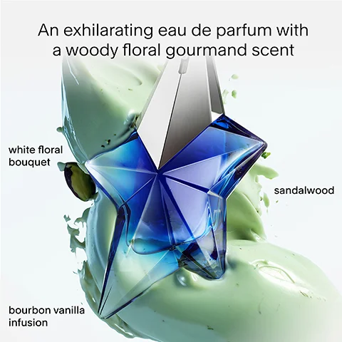 A star-shaped blue perfume bottle splashes through green liquid, with text An exhilarating eau de parfum with a woody floral gourmand scent, white floral bouquet, sandalwood, and bourbon vanilla infusion.