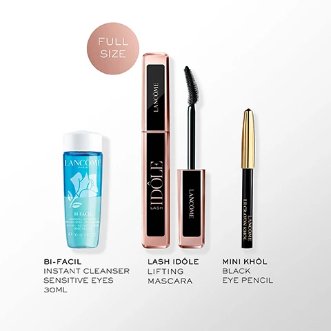 Image 2 - A white background displays three Lancôme beauty products: a blue and clear Bi-Facil instant cleanser bottle, a rose gold and black Lash Idôle lifting mascara with its wand extended, and a black and gold Mini Khôl eye pencil; visible text includes FULL SIZE, LANCÔME PARIS BI-FACIL DÉMAQUILLANT RAPIDE EFFET NON GRAS - YEUX SENSIBLES NON OILY - INSTANT CLEANSER SENSITIVE EYES 30 ml 1 FL. OZ., BI-FACIL INSTANT CLEANSER SENSITIVE EYES 30ML, LANCÔME LASH IDÔLE, LANCÔME, LASH IDÔLE LIFTING MASCARA, LE CRAYON KHÔL LANCÔME, MINI KHÔL BLACK EYE PENCIL. Image 3 - A split image of a brown eye shows a before state with natural lashes and an after state with blue winged eyeliner and long, full lashes, with text reading BEFORE, AFTER, LIFT & LENGTH, and IDÔLE LASH. Image 4 - A rose gold and black Lancôme Idôle Lash mascara tube is displayed diagonally on a grey background, with a close-up of its black brush in the top right, and visible text including LANCÔME, IDÔLE LASH, VOLUME, DEFINITION, LENGTH, CURL, and large faint text IDÔLE LASH. Image 5 - A Lancôme Lash Idôle mascara tube in rose gold with a black label and its wand with black mascara are displayed on a rose gold background, with a small decorative cap, featuring text that reads INSTANT VOLUME & LIFT, LANCÔME, IDÔLE LASH, and NO CLUMPING. Image 6 - The image features three Lancôme mascaras on a pink surface adorned with snowflake and Paris landmark illustrations, against a blurred backdrop of snowy mountains and a gold frame, with visible text reading SHOP THE COLLECTION, a black mascara tube with a wand labeled Lancôme Hypnôse Drama and further described as Hypnôse Drama Mascara Extreme Volume, a rose gold mascara tube labeled Lancôme Idôle Lash Flutter Extension described as New Lash Idôle Flutter Extension Extreme Length, and a rose gold and black mascara tube labeled Lancôme Idôle Lash described as Lash Idôle Mascara Lifting Mascara the extraordinary.
