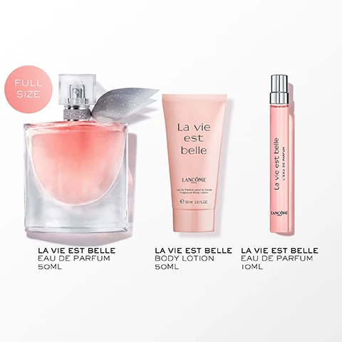 Image 2 - The image shows three Lancôme La Vie est Belle products: a large pink perfume bottle with a sparkly ribbon, a pink body lotion tube, and a slim pink rollerball perfume, along with the visible text FULL SIZE, La vie est belle, LANCÔME PARIS, Lait de Parfum pour le Corps Fragrance-Body Lotion, e 50 ml 1.6 FL.OZ., LEAU DE PARFUM, LA VIE EST BELLE EAU DE PARFUM 50ML, LA VIE EST BELLE BODY LOTION 50ML, LA VIE EST BELLE EAU DE PARFUM 10ML. Image 3 - A clear glass perfume bottle with pink liquid and a sparkling silver cap is surrounded by white petals, green leaves, dark vanilla beans, and a light blue ribbon, with text labels reading Iris, Warm Vanilla, Spun Sugar, and Earthy Patchouli. Image 4 - A pink perfume bottle with a clear cap and a silver glitter ribbon sits on a pink gift box adorned with gold and black illustrations of a clock face, snowflakes, and a train. The box includes the text Lancôme Paris, Since 1935, and Lancôme Express. Overlaid on the image is the text Our First Tasty Iris Fragrance. Image 6 - A luxurious display features three Lancôme perfume bottles – a light pink Vanille Nude, a medium pink LOriginal, and a deep red LElixir – alongside pink gift boxes decorated with festive Parisian clock-face designs and winter scenes, against a backdrop of pink curtains and a window view, with visible text reading: SHOP THE COLLECTION, NEW VANILLE NUDE, LORIGINAL EAU DE PARFUM, LELIXIR EAU DE PARFUM, LANCOME PARIS, gift the extraordinary.