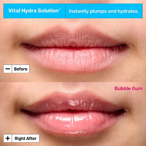Image 2 - A split image shows a before and after comparison of a persons lips, with the top half displaying dry, pale lips labeled Before, and the bottom half showing plump, glossy pink lips labeled Right After, accompanied by text that reads Vital Hydra Solution™ Instantly plumps and hydrates and Bubble Gum. Image 3 - Three bright pink bear-shaped Dr.Jart+ lip balm containers, one floating open with pink balm visible, are arranged on a pink and white background with the text Powered by Hyaluronic Acid for intense hydration. Image 4 - A vibrant pink, glossy, teddy bear-shaped object with a heart is central, surrounded by transparent and pink bubbles on a pink background, next to text that reads Lips look instantly plumper with sheer pink shine. Image 5 - A smiling East Asian woman holds a pink bear-shaped compact with Dr.Jart+ written on it near her right eye, against a pink background, with the overlaid text Instantly reduces the look of dry lines for smoother lips. Image 6 - A light pink background features four skincare items: a fuchsia pink bear-shaped Dr.Jart+ jar lid at the top left, an open blue jar with pale pink cream labeled Original at the top right, an open fuchsia pink jar with bright pink cream labeled Bubble Gum at the bottom left, and a blue bear-shaped Dr.Jart+ jar lid at the bottom right. Image 7 - A bright pink translucent bear-shaped container with Dr.Jart+ embossed on its side sits on a swirled background of glossy light pink cream, with the prominent text Jelly texture with a sheer pink hue.