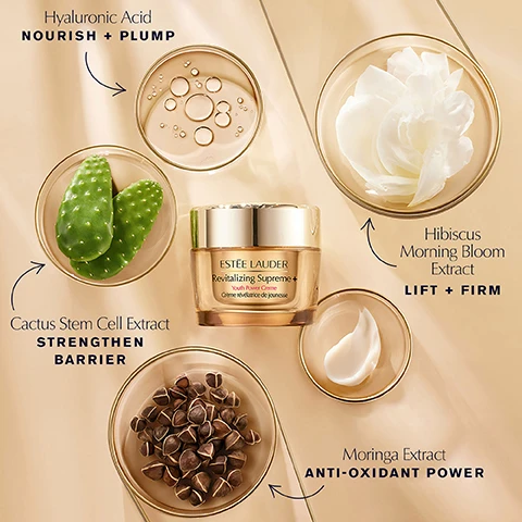Image 4 - An Estée Lauder Revitalizing Supreme+ Youth Power Creme jar is centered, surrounded by various ingredient bowls labeled with their benefits: Hyaluronic Acid NOURISH + PLUMP from a clear liquid, Hibiscus Morning Bloom Extract LIFT + FIRM from white petals, Cactus Stem Cell Extract STRENGTHEN BARRIER from green cactus pads, and Moringa Extract ANTI-OXIDANT POWER from brown seeds, with the jar text ESTÉE LAUDER Revitalizing Supreme+ Youth Power Creme Crème révélatrice de jeunesse. Image 5 - An open gold jar of Estée Lauder Revitalizing Supreme+ Youth Power Creme with a cream swirl on top and a gold ribbon around it is displayed next to text that reads HAVE IT ALL: 89% SAID SKIN LOOKS MORE LIFTED¹, 95% SAID SKIN FEELS FIRMER², 87% SAID LINES & WRINKLES LOOK SIGNIFICANTLY REDUCED¹, along with the product name ESTÉE LAUDER Revitalizing Supreme+ Youth Power Creme Crème révélatrice de jeunesse, and at the bottom ¹CONSUMER TESTING ON 110 WOMEN AFTER USING PRODUCT FOR 4 WEEKS. ²CONSUMER TESTING ON 110 WOMEN AFTER USING PRODUCT FOR 2 WEEKS.
