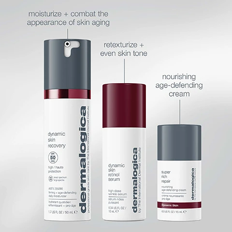 Image 1 - Three Dermalogica skincare products are shown against a grey background: a tall white pump bottle with a grey cap and burgundy band, labeled dynamic skin recovery SPF 50 high/haute protection broad spectrum large spectre AUST L 356290 firming + age-defending daily moisturizer hydratant quotidien raffermissant + pro-âge 1.7 US FL OZ / 50 mL e, which is described as moisturize + combat the appearance of skin aging; a medium white bottle with a burgundy cap, labeled dynamic skin retinol serum high-dose wrinkle serum sérum rides puissant 0.34 US FL OZ / 10 mL e, which is described as retexturize + even skin tone; and a small white jar with a grey cap and burgundy band, labeled super rich repair nourishing age-defending cream crème nourrissante pro-âge Dynamic Skin 0.5 US FL OZ / 15 mL e, which is also described as nourishing age-defending cream; the brand text dermalogica professional-grade skin care by The International Dermal Institute is vertically printed on the side of all three products. Image 2 - A white, dark grey, and reddish-brown Dermalogica pump bottle is shown against an abstract watercolor background of blues, greys, and warm earth tones, with visible text reading firming + age-defending daily moisturizer, clinically proven to reduce the look of wrinkles within 8 weeks, Independent clinical study. 33 subjects. 1 application per day for 8 weeks, dynamic skin recovery, SPF 50, high / haute protection, broad spectrum large spectre, dermalogica, professional-grade skin care by The International Dermal Institute, AUST L 265090, firming + age-defending daily moisturizer, hydratant quotidien raffermissant + pro-âge, 1.7 US FL OZ / 50 mL e. Image 3 - A white bottle with a dark red cap for Dermalogica Dynamic Skin Retinol Serum is displayed on the right against a watercolor background of blending blues, grays, and soft pinks, with text that reads high-dose wrinkle serum, easily reduces the 4 signs of skin aging within 2 weeks, Independent clinical study, 59 subjects, 1 application per day for 8 weeks, tested against a leading competitor, and additional text on the bottle states dynamic skin retinol serum, dermalogica by The International Dermal Institute, high-dose wrinkle serum, sérum rides puissant, 0.34 US FL OZ / 10 mL e. Image 4 - A bottle of Dermalogica Super Rich Repair cream stands against an abstract watercolor background with text that reads for dry, dehydrated skin, deeply nourishing, age defending cream, and on the bottle: dermalogica by The International Dermal Institute, super rich repair, nourishing age-defending cream, creme nourrissante pro-age, Dynamic Skin, 0.5 US FL OZ / 15 mL. Image 5 - A watercolor painting of a sunset over the ocean with sailboats on the horizon features a sky with blue and orange clouds reflected in the water, with the superimposed text: the moment you step through the door after a long day, sinking into comfort and settling in for a good nights rest.