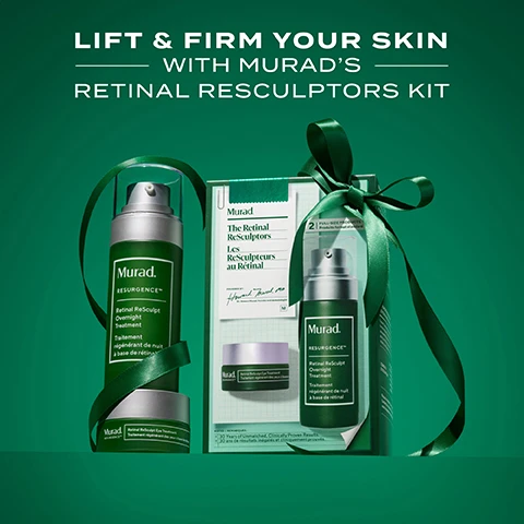 Image 3 - The image displays the Murad Retinal ReSculptors Kit, consisting of a tall green pump bottle, a small green jar, and a light green gift box with a dark green ribbon, against a deep green background, featuring the text LIFT & FIRM YOUR SKIN WITH MURADS RETINAL RESCULPTORS KIT, Murad. RESURGENCE™. Retinal ReSculpt Overnight Treatment. Traitement régénérant de nuit à base de rétinal., Murad. RESURGENCE™. Retinal ReSculpt Eye Treatment. Traitement régénérant des yeux à base de rétinal., Murad. The Retinal ReSculptors. Les ReSculpteurs au Rétinal., FOUNDED BY: Howard Murad MD. Dr. Howard Murad, founder and dermatologist. M, 2 FULL-SIZE PRODUCTS. Produits format standard., NOTES | REMARQUES: 30 Years of Unmatched, Clinically Proven Results. 30 ans de résultats inégalés et cliniquement prouvés. Image 4 - The image shows a side-by-side comparison of a persons jawline and neck, labeled BEFORE on the left with visible sagging and wrinkles, and AFTER 2 WEEKS* on the right with visibly firmer skin, accompanied by a green bottle of Murad Retinal ReSculpt Overnight Treatment, with additional text that reads UNRETOUCHED CLINICAL RESULTS, CLINICALLY PROVEN, VISIBLY LIFTS NECK + JOWL SAGGING IN 2 WEEKS*, *Results based on an 8-week clinical study with 34 participants, and the bottle text Murad. RESURGENCE™ Retinal ReSculpt Overnight Treatment Traitement régénérant de nuit à base de rétinal. Image 5 - A green Murad RESURGENCE Retinal ReSculpt Overnight Treatment bottle with a silver pump dispensing white cream is displayed against a green background, with accompanying text Clinically Proven Lifts + Firms Loose, Crepey Skin Smooths Deep-Set Wrinkles Boosts Skin Elasticicty. Image 6 - A before-and-after image displays a close-up of an eye, with the left side showing visible wrinkles and sagging under the eye labeled BEFORE, and the right side showing the same eye after one week with smoother, firmer skin labeled AFTER 1 WEEK*. Below, a jar of eye cream is shown next to text that reads UNRETOUCHED CLINICAL RESULTS, EYE AREA IS VISIBLY LIFTED, FIRMER + TIGHTENED IN 1 WEEK*, *Proven results reported by trial participants in a 4-week clinical study, and on the jar Murad. RESURGENCE™, Retinal ReSculpt™ Eye Treatment, Traitement des yeux Retinal ReSculpt™. Image 7 - A green background features an open jar of Murad Retinal ReSculpt Eye Treatment with white cream and a closed jar below it, alongside text that reads ENCAPSULATED RETINAL Targets delivery of vitamin A deep within skins surface, allowing 2.5X BETTER effectiveness*, while still being gentle on skin *compared to free retinal.