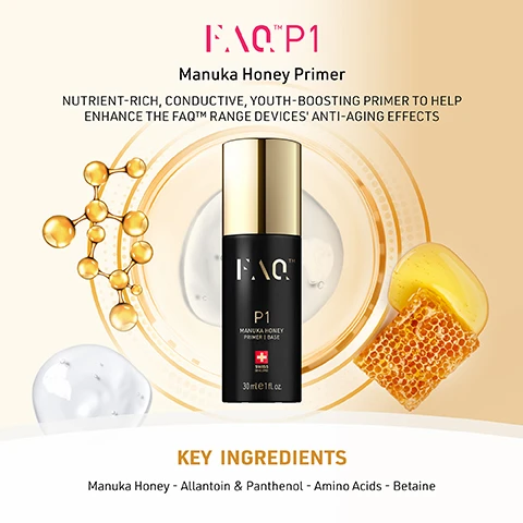Image 1 - A black and gold FAQ P1 Manuka Honey Primer bottle is displayed centrally on an orange background, surrounded by visuals of a molecular structure, honeycomb, and a clear gel droplet, with text reading FAQ P1 Manuka Honey Primer NUTRIENT-RICH, CONDUCTIVE, YOUTH-BOOSTING PRIMER TO HELP ENHANCE THE FAQ™ RANGE DEVICES ANTI-AGING EFFECTS, and on the bottle FAQ™ P1 Manuka Honey Primer | Base SWISS 30ml e 1 fl. oz., and at the bottom KEY INGREDIENTS Manuka Honey - Allantoin & Panthenol - Amino Acids - Betaine. Image 2 - A white cream glob surrounded by golden rings with a honeycomb, honey drip, and a molecular structure, alongside text listing benefits: Antioxidant Manuka Honey, Soothing Allantoin & Panthenol, Repairing Amino Acids, Hydrating Betaine. Image 3 - A woman holds a black and gold skincare bottle to her face, which reads FAQ P1 Manuka Honey Prime Base 30ml / 1 fl.oz., alongside text describing product features: Dermatologist tested, Suitable for all skin types, Conductive, and 90% natural origin ingredients. Image 4 - A split image of a persons face showing a before and after comparison of skin texture, with the left side showing visible pores and some redness labeled BEFORE, and the right side showing smoother skin with reduced pore visibility and a more even tone labeled AFTER. Image 5 - A woman applies a clear liquid product to her cheek, with a table comparing FAQ Manuka Honey Primer and Other primer, listing DERMATOLOGIST TESTED (FAQ checkmark, Other dash), CONDUCTIVE (FAQ checkmark, Other dash), FRAGRANCE-FREE (FAQ checkmark, Other checkmark), SLS & SLES-FREE (FAQ checkmark, Other checkmark), PARABEN & FORMALDEHYDE-FREE (FAQ checkmark, Other checkmark), PHTHALATES & MINERAL OIL-FREE (FAQ checkmark, Other dash), and a bottle labeled FAQ Manuka Honey Primer 30ml e 1fl. oz. Swiss Technology Since 2015.