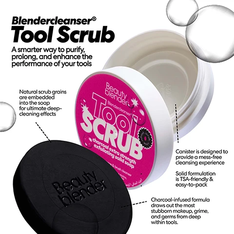 Image 1 - The image shows a white Beautyblender Blendercleanser Tool Scrub container with a pink lid partially open, revealing a black charcoal exfoliating solid soap embossed with Beauty blender, and includes text that states: Blenderclenser® Tool Scrub A smarter way to purify, prolong, and enhance the performance of your tools, Natural scrub grains are embedded into the soap for ultimate deep-cleaning effects, Beauty blender. Blenderclenser® Tool Scrub charcoal extra strength exfoliating solid soap, Canister is designed to provide a mess-free cleansing experience, Solid formulation is TSA-friendly & easy-to-pack, and Charcoal-infused formula draws out the most stubborn makeup, grime, and germs from deep within tools. Image 2 - A hand with pink nail polish is washing a pink beauty blender sponge in a white tub of solid black cleanser, creating white soap bubbles, with the text Blendercleanser® Tool Scrub ultimate tool wash for any of your makeup tools, Beautyblender, and refresh. scrub. rinse. Image 3 - A pink tiled surface features a pink makeup sponge, a beige sponge labeled Beautyblender, an open jar of dark scrub labeled Beautyblender, and a closed pink jar labeled Blendercleanser® Tool Scrub on a pink tray, alongside a pink glass, a pink toothbrush holder with two purple toothbrushes, and cassette tape earrings that say A DAY TO REMEMBER; a large black speech bubble overlay on the left contains text: Blendercleanser® Tool Scrub, A sustainable soap for all makeup tools, Internal scrub system eliminates the need for plastic exfoliant pad, Fast-acting and deep-cleansing formula requires less water use, Routine tool cleaning prolongs performance, so you dont need to replace your Beautyblender® as often.