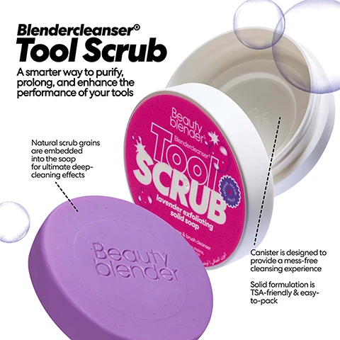 Image 1 - An image shows a round lavender Beautyblender solid soap beside an open white travel canister with a pink lid, featuring visible text: Blendercleanser® Tool Scrub, A smarter way to purify, prolong, and enhance the performance of your tools, Beautyblender, Beautyblender Blendercleanser Tool SCRUB lavender exfoliating solid soap & brush cleanser, Natural scrub grains are embedded into the soap for ultimate deep-cleaning effects, Canister is designed to provide a mess-free cleansing experience, Solid formulation is TSA-friendly & easy-to-pack. Image 2 - A persons sudsy hands, with pink nail polish, hold a round purple solid cleanser and a beige makeup puff with a pink fluffy trim, with visible text that includes Blendercleanser® Tool Scrub ultimate tool wash for any of your makeup tools, Beautyblender on both the cleanser and puff strap, and refresh. scrub. rinse. Image 3 - The image features a pink beauty blender sponge, a beige makeup puff, and two open solid makeup tool cleanser containers, one purple and one pink, resting on a pink tray on a tiled bathroom counter, with a pink textured glass and toothbrush holder visible in the background, while a large purple circular graphic announces Blendercleanser® Tool Scrub, A sustainable soap for all makeup tools, Internal scrub system eliminates the need for plastic exfoliant pad, Fast-acting and deep-cleansing formula requires less water use, Routine tool cleaning prolongs performance, so you dont need to replace your Beautyblender® as often, and the product containers also display text including Beauty blender and Beauty blender® Tool Scrub Solid compact cleanser For sponges & brushes. Image 4 - Two round purple solid cleansers with the Beautyblender logo are surrounded by lavender sprigs and white foam, set against a white tiled background with pink grout, with the text Notes of calming lavender help uplift & destress as you cleanse.