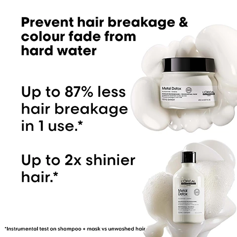 Image 1 - A LOréal Professionnel Metal Detox hair mask in a white jar and a matching shampoo in a white bottle are shown against a white background with white creamy splashes, accompanied by the text: Prevent hair breakage & colour fade from hard water, Up to 87% less hair breakage in 1 use.* Up to 2x shinier hair.* *Instrumental test on shampoo + mask vs unwashed hair. The mask is labeled LOréal Professionnel Paris Metal Detox Glicoamine + Ionène Masque Professionnel / Professional Mask, Empêche la casse & la couleur de virer, Prevents breakage & color shift, Serie Expert, TECHNOLOGIE (Innovative Technology Exclusive Technology EP. Patented), 250 ml 8.5 FL.OZ., and the shampoo is labeled LORÉAL PROFESSIONNEL PARIS Metal Detox Glicoamine + Ionène Shampooing Professionnel, Crème lavante anti-métal, Empêche la casse & la couleur de virer, Professional Shampoo, Anti-metal cleansing cream, Prevents breakage & color shift, Serie Expert, TECHNOLOGIE (Exclusive Technology EP. Patented), 300 ml 10.1 FL.OZ. Image 2 - A transparent, amorphous blob with crumpled copper-colored material inside, against a black background, with text that reads: Inside the fibre. It removes metal particles from hair. THE TECH Glicoamine Traps and neutralises metal inside the fibre. Image 3 - A LOréal Professionnel Absolut Repair Molecular product bottle, dark with a black cap, sits against a white background with a golden liquid splash, with the text Rebuilds hairs molecular structure*. Goes beyond regular repair masks. Deep penetration into the hair fibre. Restores hairs original strength*. *Instrumental test after 15 applications of rinse-off serum. LORÉAL PROFESSIONNEL PARIS Absolut Repair Molecular PEPTIDES BONDER + 5 AMINO ACIDS SÉRUM À RINCER PROFESSIONNEL Répare la structure moléculaire du cheveu Restaure force, élasticité et mouvement Pénétration en profondeur. Transformation instantanée PROFESSIONAL RINSE-OFF SERUM Hair structure molecular repair system Restores strength, elasticity and movement Deep penetration. Instant transformation SERIE EXPERT 75 ml 2.5 FL.OZ. Image 4 - The image displays iridescent golden and teal spheres resembling a molecular structure or DNA strand on a black background, with a smaller inset image showing a damaged hair strand being repaired by a white comb-like structure, and the visible text reads: THE TECH, 2% Peptides bonder + 5 Amino acids, Rebuilds hairs molecular structure¹, Inside the fibre. Restores hairs original strength¹, elasticity & movement², 1 Instrumental test after 15 applications of Rinse-Off Serum, 2 Consumer perception test after application of Shampoo + Rinse-Off Serum + Leave-In Mask. Image 5 - Three before and after hair comparisons show duller hair transformed into shinier, healthier versions across straight, wavy, and curly styles, with a display of four LOréal Professionnel Metal Detox products and text that reads Before, After, The full Metal Detox routine for breakage and colour fade protection, and Not retouched. Image 6 - A black background image with stylized white hair strands containing small orange-gold particles features the text #MetalDetox at the top left, a central question Did you know that wash after wash, metal penetrates inside your hair?, and the LOREAL PROFESSIONNEL PARIS logo at the bottom left.