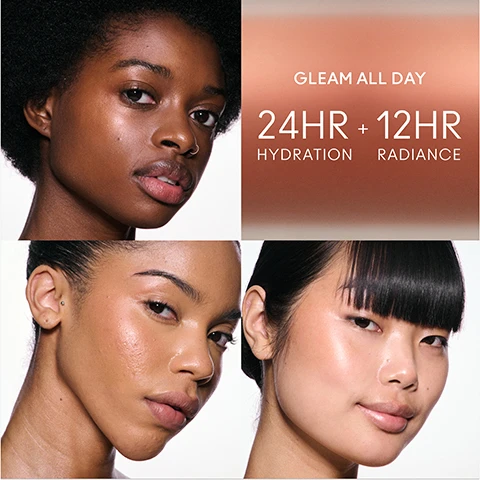 Image 1 - A four-panel image features a Black woman with a nose ring, a woman with an ear piercing, and an East Asian woman with bangs, all showing clear, radiant skin, alongside a copper-toned panel with text that reads GLEAM ALL DAY 24HR + 12HR HYDRATION RADIANCE. Image 2 - Three arms, with dark, medium, and light skin tones, display nine diagonal swatches of shimmery makeup, with the middle arm showing the labels LILAC HAZE, GLACIAL, LIGHTSCAPADE, DOUBLE-GLEAM, BUBBLED OVER, EXTRA ORDINARY, SPACE SLIPPERS, CHERRY CHROME, and BRONZE GLAZE. Image 3 - Nine frosted glass bottles of MAC Skinfinish Lightstruck liquid makeup in a range of shades from dark to light are arranged diagonally, with product swatches visible on some gold caps, and text below the bottles reads HYDRATES AND ILLUMINATES FOR A GLASS-LIKE FINISH.