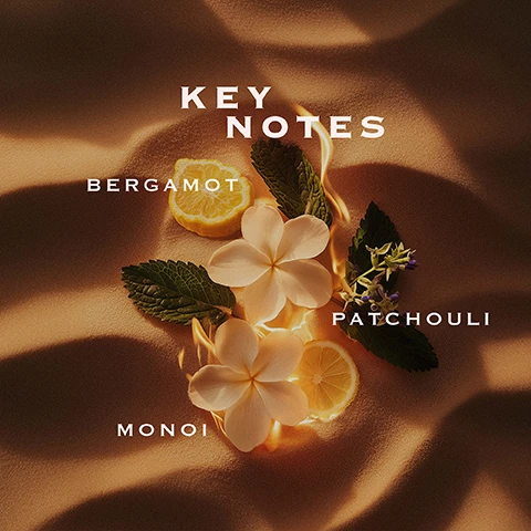 Image 1 - A close-up of fragrance ingredients including sliced bergamot, two white plumeria flowers, and patchouli leaves, arranged on a textured, sandy surface with a warm, glowing light around them, and the visible text Key Notes, Bergamot, Patchouli, Monoi. Image 2 - An advertisement for Orabella perfumes shows five distinct bottles, each with a gold cap and contents in pink, orange, light brown, green, and dark brown, labeled with scent names and ingredient lists: WINDOW2SOUL SHEER FLORAL Jasmine Rose Tonka Bean, BLOOMING FIRE WARM FLORAL Monoi Bergamot Patchouli, ETERNAL ROOTS WOODY FRUITY Lychee Papyrus Vetiver, SALTED MUSE WOODY MARINE Sea Salt Olive Tree Cedarwood, and NIGHTCAP WARM & SPICY GOURMAND Vanilla Ginger Sandalwood, all above a visual collage of their natural ingredients.