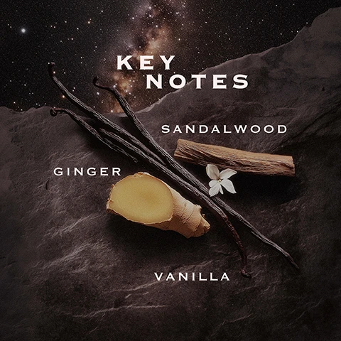 Image 1 - The image displays dark vanilla bean pods, a piece of sandalwood, a sliced ginger root, and a small white flower arranged on a dark, rocky surface with a starry sky in the background, labeled with the text KEY NOTES, SANDALWOOD, GINGER, and VANILLA. Image 2 - The image features five Orabella perfume bottles with gold tops and faceted glass in various colors, each with its name, scent profile, and ingredients listed: Window2soul Sheer Floral (Jasmine, Rose, Tonka Bean), Blooming Fire Warm Floral (Monoi, Bergamot, Patchouli), Eternal Roots Woody Fruity (Lychee, Papyrus, Vetiver), Salted Muse Woody Marine (Sea Salt, Olive Tree, Cedarwood), and Nightcap Warm & Spicy Gourmand (Vanilla, Ginger, Sandalwood), presented above collages illustrating their key components.