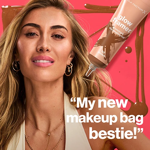 Image 2 - A woman with long blonde hair, golden jewelry, bronzed skin, and pink lipstick smiles slightly at the camera, with a tube of Max Factor X Glow Framer bronzing & illuminating tint in shade 50 bronze in the upper right corner against a hot pink background with bronze liquid splatters, and large white text at the bottom reads My new makeup bag bestie! Image 3 - A split image shows a woman before and after applying makeup, with the left side displaying brown contour lines on her forehead and cheek, and the right side showing her face with blended bronzed makeup, labeled Before, 50 Bronze, and After. Image 4 - A promotional image for a Multi-use glow enhancer product, showing its tube labeled glow framer bronzing & illuminating tint 30 hazel 8.22 fl oz, and four separate images of models demonstrating its use: one woman with a natural glow is captioned Wear alone for a natural glow, another woman with product applied for contouring is captioned Bronze & softly contour, a third woman applying a drop of product to her cheek is captioned Apply as a glowy skin tint, and a fourth woman with highlighted skin is captioned Layer over makeup as a highlighter. Image 5 - The image features a woman with blonde hair holding a peach tube of MAX FACTOR X glow framer Bronzing & Illuminating Tint 50 Bronze, with a magnified view of her cheek and text overlays stating Bronze & highlight in one step and easy to blend formula, all set against a shimmering bronze background. Image 6 - A woman demonstrates two ways to use a bronzing and illuminating tint on a red background, with the left side showing contour lines on her forehead and cheekbones for bronze and contour and the right side showing an all-over glow, accompanied by text that reads Frame your face or wear as a glowy skin tint, a glow framer bronzing & illuminating tint 40 amber product tube, Step 1 Bronze & contour (Amber), and Step 2 All-over glow (Honey). Image 7 - A grid displays six diverse women with luminous skin, each representing a different makeup shade, with text reading 6 Glowing Shades, 10 Sand, 20 Honey, 30 Hazel, 40 Amber, 50 Bronze, 60 Rich.