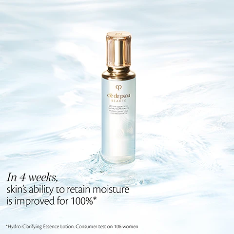 Image 2 - A slender bottle of Clé de Peau Beauté Hydro-Clarifying Essence Lotion with a gold cap stands in clear, rippling water, with text reading In 4 weeks, skins ability to retain moisture is improved for 100%* and a disclaimer *Hydro-Clarifying Essence Lotion. Consumer test on 106 women. Image 3 - An image displaying three circular insets featuring creamy white ferment, white lily flowers, and yellow rosemary flowers, with accompanying text: FORTIFIED AMINO FERMENT TO BOOST THE MOISTURIZING EFFECT, RADIANT LILY EXTRACT TO ACT ON SKIN DEFENSE, and NORMAL TO OILY SKIN: ROSEMARY EXTRACT INCREASE PRODUCTION OF NATURAL MOISTURIZING FACTORS. Image 4 - Two elegant Clé de Peau Beauté lotion bottles, one golden yellow and one light blue, with gold caps, are displayed against a soft background of white flowers and clear glass tubes containing droplets, with the text HYDRATE, with the Lotions, and the golden yellow bottle is labeled clé de peau BEAUTÉ LOTION ESSENTIELLE HYDRO-ADOUCISSANTE HYDRO-SOFTENING ESSENCE LOTION while the light blue bottle is labeled clé de peau BEAUTÉ LOTION ESSENTIELLE HYDRO-CLARIFIANTE HYDRO-CLARIFYING ESSENCE LOTION.