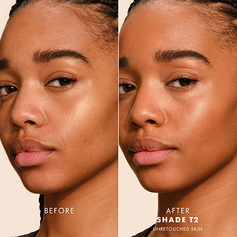 Image 2 - A split image shows a close-up of a persons face, with the left side displaying natural skin texture and minor imperfections, and the right side showing smoother, more even-toned skin after makeup application, with the visible text BEFORE on the left and AFTER SHADE T2 UNRETOUCHED SKIN on the right. Image 3 - A close-up of a persons medium-toned skin displaying five diagonal swatches of tan to brown makeup shades on their cheek, labeled M5, T1, T2, T3, with text reading UP TO 24HR* HYDRATION & WEAR and Medium to Tan. Image 4 - A light peach background displays two small drops of peach-colored liquid, a curved smear of shimmery peach liquid, another curved smear of shimmery white liquid, and a clear gel-like droplet, with text that reads 92% LIQUID SILK SERUM, White lily infused formula, vitamin c antioxidant enhanced skin radiance, and Infused with hyaluronic acid and niacinamide. Image 5 - A person with curly dark hair holds a light-colored tube of Armani Skin Tint, with text reading AVAILABLE IN 20 INCLUSIVE HEALTHY GLOW SHADES * and on the product ARMANI SKIN TINT long-wear & care soin & longue tenue. Image 6 - Three close-up images show a makeup routine: a woman with radiant skin, a woman applying concealer under her eye, and a woman with three drops of cheek tint on her cheek, with the visible text Get the look, Skin Tint Available in 20 shades, Luminous Silk Concealer Available in 20 shades, Luminous Silk Cheek Tint Available in 6 shades, Step 1 Apply Skin Tint for a natural, radiant look, Step 2 Conceal imperfections including uneven skintone, blemishes and fine lines, and Step 3 Add a healthy flush of colour with our Luminous Silk Cheek Tint. Image 7 - The image shows a Giorgio Armani Luminous Silk Foundation bottle next to a smooth brown liquid swatch on the left, and a Giorgio Armani Skin Tint tube with a shimmery brown liquid swatch on the right, both against a light background; visible text reads Discover your base and decide your coverage, on the Luminous Silk Foundation bottle luminous silk perfect glow flawless foundation fond de teint éclat parfait Giorgio Armani, below it Luminous Silk Foundation Blurring Glow perfect glowy skin in a bottle, on the Skin Tint tube Armani Skin Tint long-wear & care soin & longue tenue, and below it Skin Tint Second Skin a natural, radiant look.