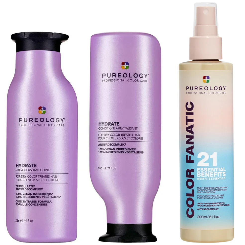 Pureology Hydrate Shampoo, Conditioner and Color Fanatic Multi-Benefit Leave-in, Moisturising Bundle for Dry Hair Image 1