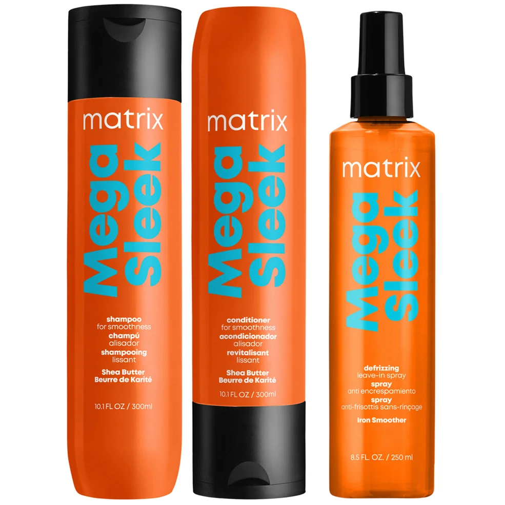 Matrix Mega Sleek Shea Butter Smoothing Shampoo, Conditioner and Iron Smoother Heat Protection Routine for Frizzy Hair Image 1
